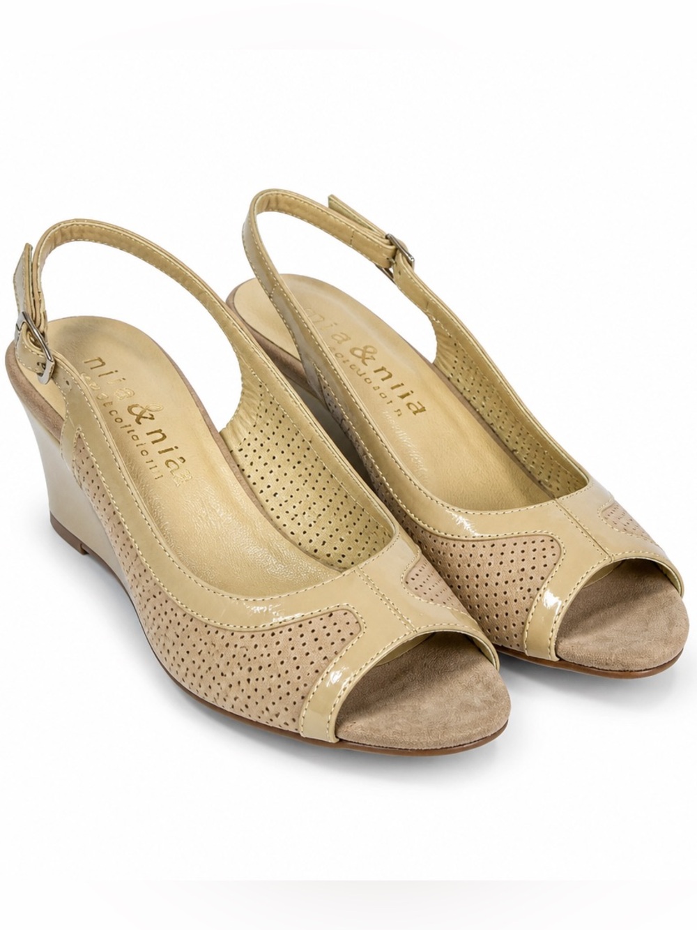 Nila & Nila Women's Beige Suede and patent leather Slingback Wedge Sandals